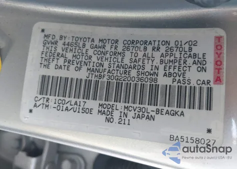 2002 Lexus Es 300 из США, поврежденный, VIN JTHBF30G220036098